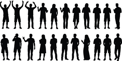 Silhouettes of diverse people standing, talking, gesturing, using phones, full-body human poses, communication actions, casual figures for design resources