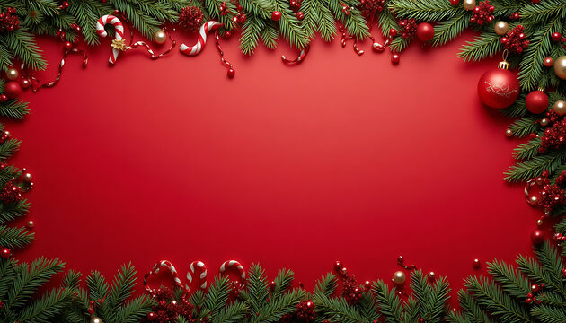 Festive Christmas Border with Green Pine Branches Red Ornaments Candy Canes and Berries