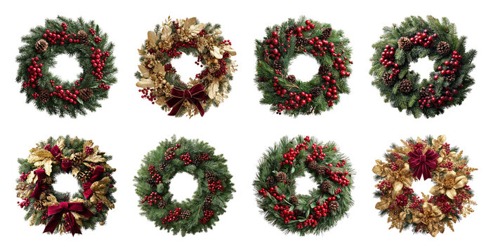 PNG Festive wreaths with red accents, element set on transparent background - Powered by Adobe