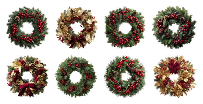 PNG Festive wreaths with red accents, element set on transparent background