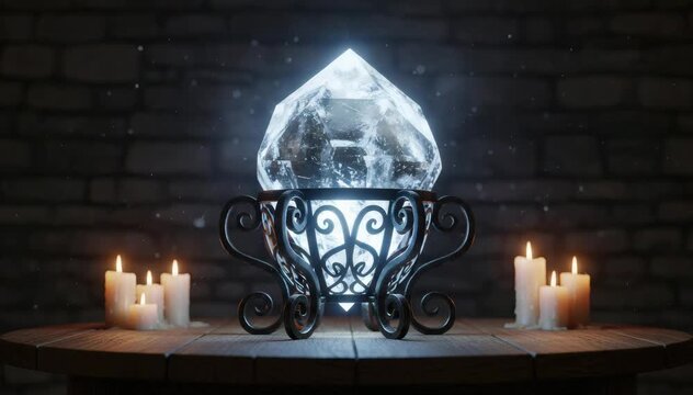 Glowing crystal on ornate wrought iron stand surrounded by burning candles in a dark mystical alchemy chamber