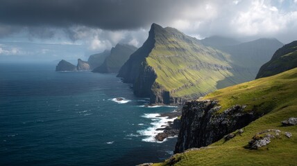 Stunning panoramic landscapes of the faroe islands in summer with dramatic cliffs, lush green valleys, rolling hills, and rugged coastal scenery under bright blue skies