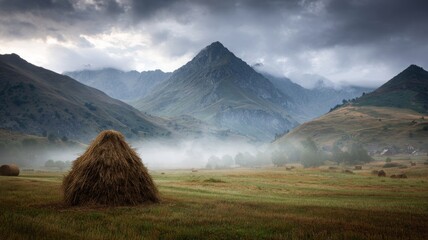 Misty mountain valley landscape with rolling fog drifting over grassy meadows and a traditional haystack in tranquil rural countryside