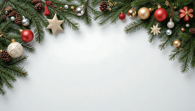 Christmas Decorations Green Pine Branches Red Gold Silver Baubles and Ornaments Christmas Tree Decor