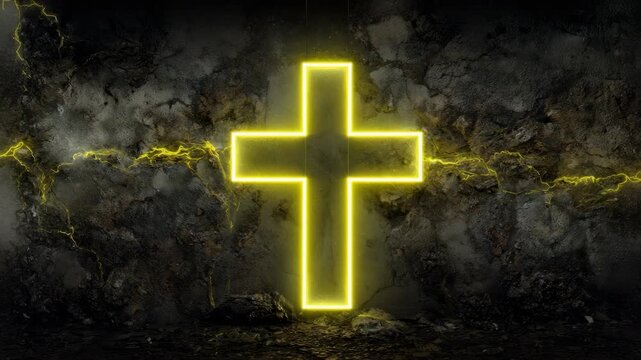 Neon yellow cross glowing on rustic concrete wall with lightning effect