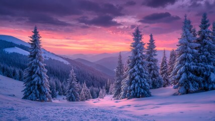 Sunrise over snow-covered mountain peaks with pine forests bathed in violet and pink hues, dramatic colorful sky illuminating a winter landscape, festive christmas scenery with serene natural beauty