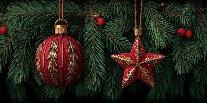 Red Christmas ornaments and a golden star hanging on green pine branches for festive holiday decoration and celebration