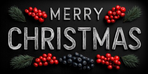 The text Merry Christmas made of silver letters on a black background with dark red and blue berries and pine branches around the lettering