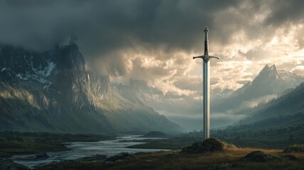 Ancient mythical sword embedded in rugged terrain with misty mountains and dramatic sky, fantasy landscape with epic mystical atmosphere