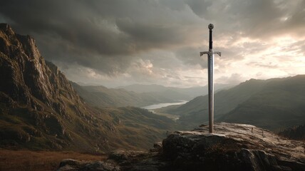 Ancient mythical sword embedded in rugged terrain with misty mountains and dramatic sky, fantasy landscape with epic mystical atmosphere