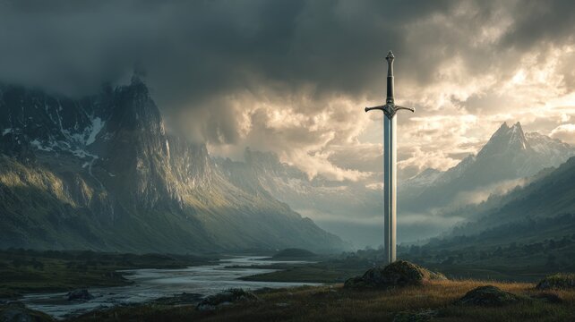 Ancient mythical sword embedded in rugged terrain with misty mountains and dramatic sky, fantasy landscape with epic mystical atmosphere