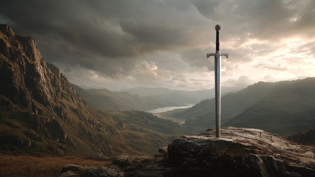 Ancient mythical sword embedded in rugged terrain with misty mountains and dramatic sky, fantasy landscape with epic mystical atmosphere - Powered by Adobe