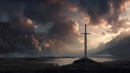 Ancient mythical sword embedded in rugged terrain with misty mountains and dramatic sky, fantasy landscape with epic mystical atmosphere