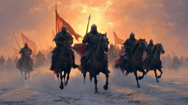 Medieval knights charging in battle at sunset