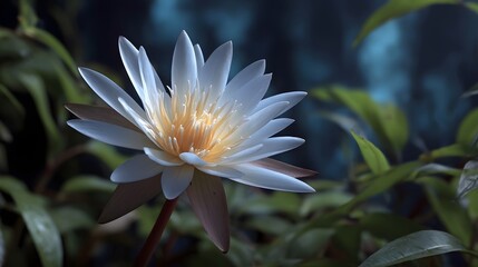 A single white water lily blooms in the tranquil darkness with surrounding green foliage