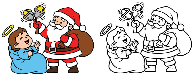 Santa Playing with Baby Angel Using Jingle Bells Cute Christmas Heaven Cartoon Illustration with Colored and Line Art Versions for Kids and Festive Projects