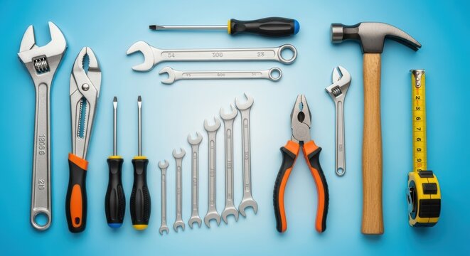 Assortment of hand tools including wrenches screwdrivers pliers hammer and measuring tape organized on a blue background for home repair needs - Powered by Adobe