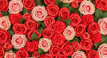 A Beautiful Arrangement of Red and Pink Roses with Green Leaves