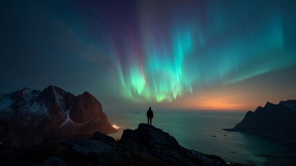 Silhouette of a lone traveler standing on a mountain peak under vibrant aurora borealis and starry night sky, lofoten islands, norway, breathtaking northern lights over dramatic landscape