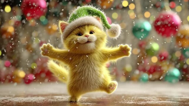 Footage of a cute cat wearing a Santa hat, dancing with snowy background for Christmas celebration. 