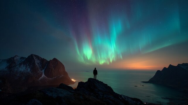 Silhouette of a lone traveler standing on a mountain peak under vibrant aurora borealis and starry night sky, lofoten islands, norway, breathtaking northern lights over dramatic landscape