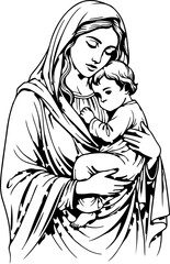 Detailed Vector Illustration of Mother and Child in Sacred Line Art Style