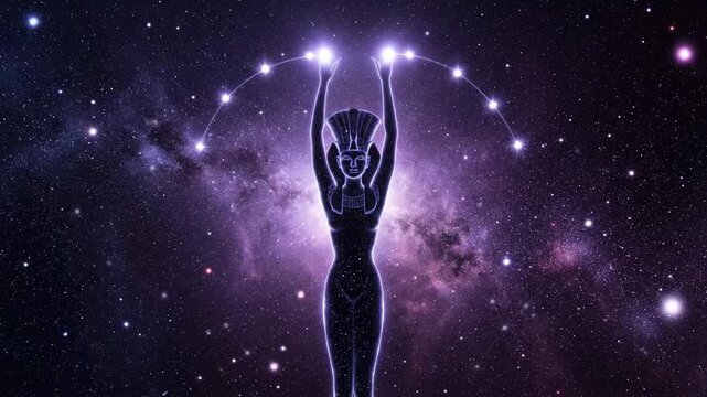 A goddess figure radiates against a cosmic starry background