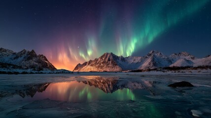 Naklejka premium Aurora borealis over snow-capped mountains and frozen coastal waters reflecting northern lights at night in lofoten islands, norway, winter landscape with starry sky and ice in water