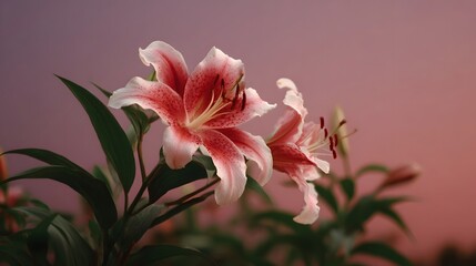 Fototapeta premium Close up of delicate pink and white lilies with speckled petals against a soft gradient background at dawn