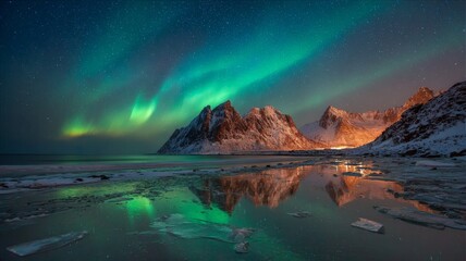 Aurora borealis over snow-capped mountains and frozen coastal waters reflecting northern lights at night in lofoten islands, norway, winter landscape with starry sky and ice in water