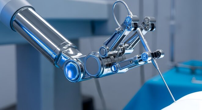 metallic robotic arm close up in modern lab setting for artificial intelligence articles and surgical technology websites - Powered by Adobe