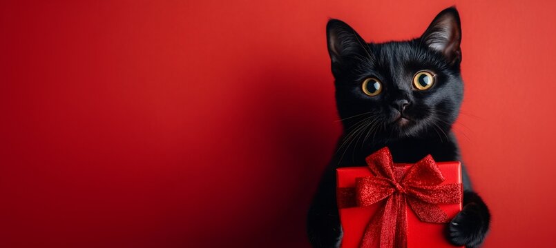 Cute black cat holding a red gift box. Adorable pet presents a surprise for Birthday, Valentines Day or Christmas. Generosity, holiday celebration.