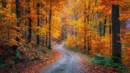 Autumn forest landscape with sunlit road covered in golden leaves, warm light illuminating vivid fall foliage along scenic footpath on a crisp october day
