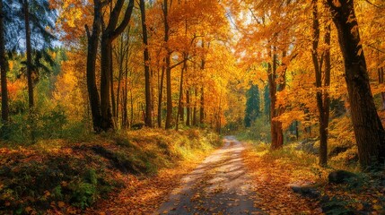 Autumn forest landscape with sunlit road covered in golden leaves, warm light illuminating vivid fall foliage along scenic footpath on a crisp october day
