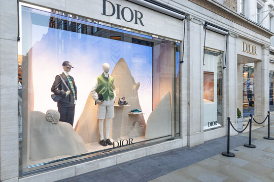 Designer fashion retail facade of Dior store. London, UK, 28 August 2023