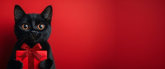 Cute black cat holding red gift box with ribbon. Adorable pet offering a present for holiday celebration. Loving animal surprise for birthday or Christmas.