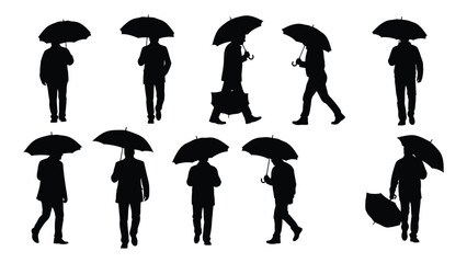 Men with umbrellas silhouettes isolated on white background, Vector