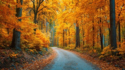 Autumn forest landscape with sunlit road covered in golden leaves, warm light illuminating vivid fall foliage along scenic footpath on a crisp october day