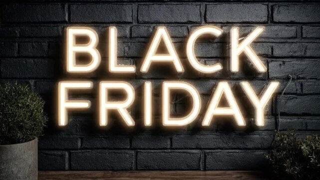 A warm-white neon sign reading BLACK FRIDAY is mounted on a dark brick wall The glowing sign is flanked by two small potted plants on a wooden surface below