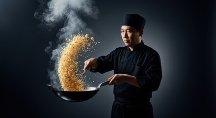 Asian chef prepares fried rice with skill and precision using traditional wok technique creating a culinary spectacle of flavor