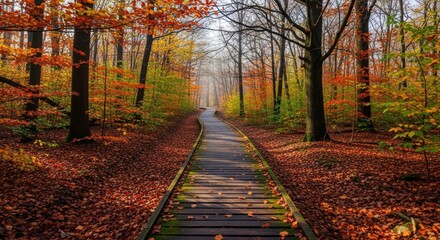 Serene autumn forest pathway with vibrant foliage and wooden walkway
