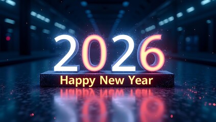 Happy New Year 2026 glowing blue neon text with futuristic light streaks and reflection