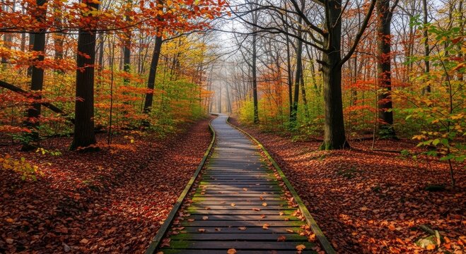 Serene autumn forest pathway with vibrant foliage and wooden walkway - Powered by Adobe