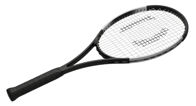 A black tennis racket with a transparent background