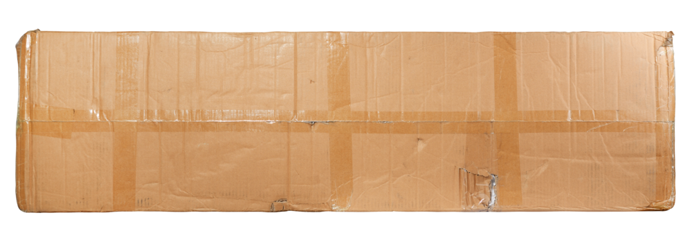 Surface of simple cardboard box with adhesive tape isolated on white background.