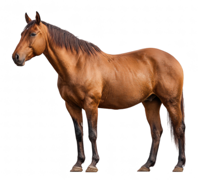 Brown horse standing, isolated on transparent background, full body view, realistic animal photography, detailed texture, sharp focus