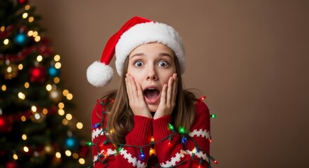 Surprised young caucasian female in christmas sweater and santa hat with holiday lights