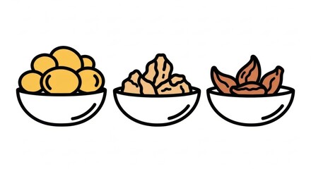 Minimalist line art of gold, frankincense, and myrrh in decorative bowls for Epiphany celebration on white background