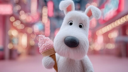 A white dog is holding an ice cream cone. The dog is looking at the camera with a smile on its face. The scene is set in a city with bright lights and a pink background. Concept of fun and happiness