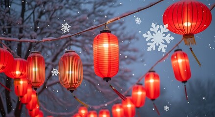 Vibrant red chinese lanterns illuminate a snowy winter night with festive glowing decorations